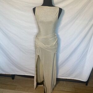 Superdown Womens Metallic Ruched MaxiDress Champagne Gold Silver Slit Medium NWT